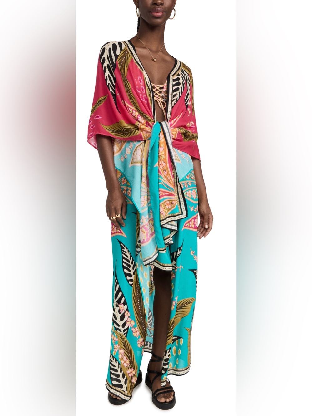 NEW Agua Bendita Lula Dara Turquoise & Pink Tropical Tie-Front Coverup
